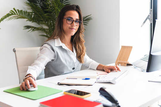 Smiling lawyer using desktop PC at office