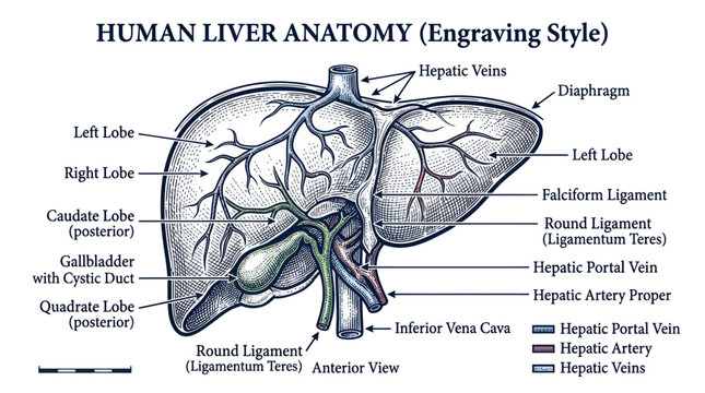 Human Liver Anatomy Engraving Style Illustration