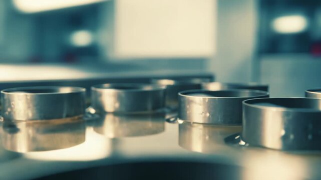 Multiple metal cylinders are standing in a rippling water surface, reflecting the surrounding environment and highlighting industrial precision and minimal design