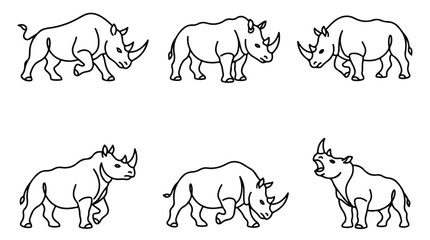 Minimalist rhinoceros line art collection, set of 6 rhino vector icons in various poses, black and white wildlife illustration for logo design © Sidra