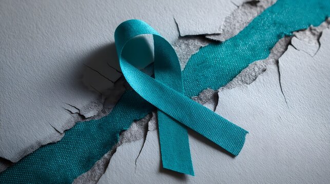 A teal ribbon acting as a bandage across a crack in paper. Symbolizes healing mental wounds, repairing trauma, and the process of mending the mind in PTSD recovery.