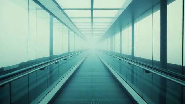 Modern airport moving walkway in a glass tunnel fading into mist, minimalist perspective evoking liminal travel, calm anticipation, and an infinite journey ahead