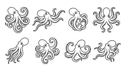 Vintage octopus line art set, 8 hand drawn sea creature icons, black and white nautical cephalopod sketches for logo design and branding © Sidra