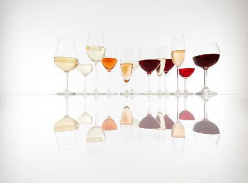 Various glasses with wine, prosecco and champagne