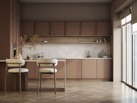 Modern kitchen interior with Mocha Mousse color scheme and minimalist design.
