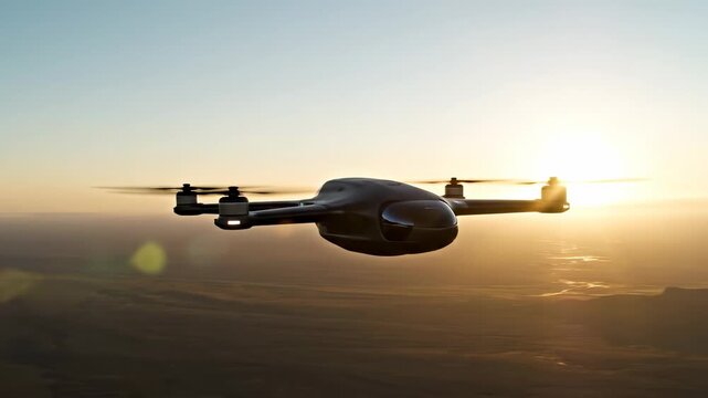 A high-speed flying delivery drone glides gracefully across the horizon while the golden sun sets over a wide rural region during late evening hours, capturing a moment of advanced aerial