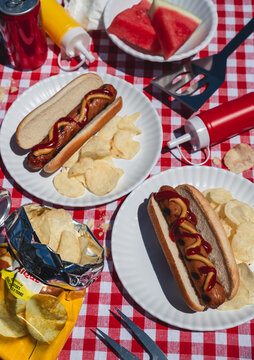 Classic summer barbecue with grilled hot dogs, chips and watermelon.