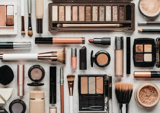 Flat lay of neutral tone makeup and cosmetics on stone backdrop