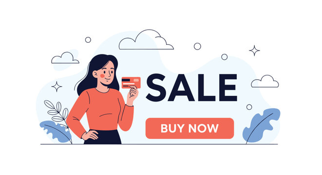 Young woman holds her credit card ready for online shopping next to a large sale banner with a buy now call to action button.