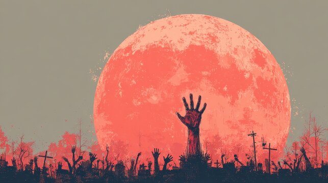Bony pale hands of sexy woman vampire with sharp bloody red nails rising out from the ground,Halloween grave crosses,zombies at night,creepy hand coming out of the ground,halloween concept.