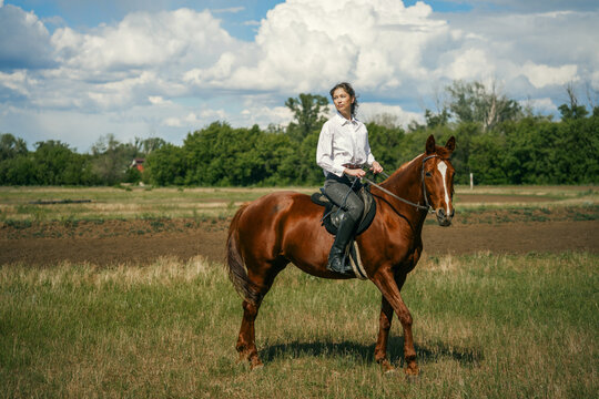 Woman riding a brown horse in a grassy field