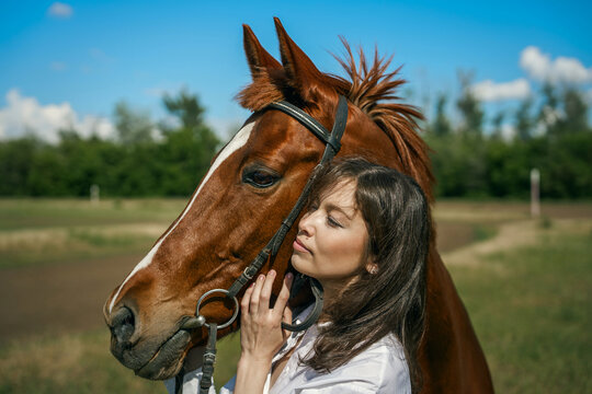 Young woman and horse in a field, blue sky