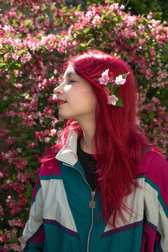 Girl irl with red hair and retro wearing enjoying springtime