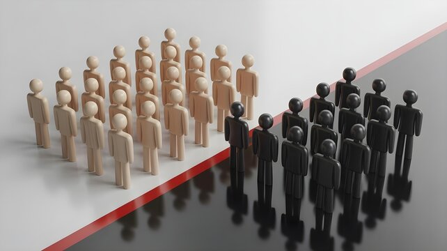 Two distinct groups of stylized wooden figurines stand separated by a bold red line on a split white and black surface representing diversity and social division in a minimalist 3d studio