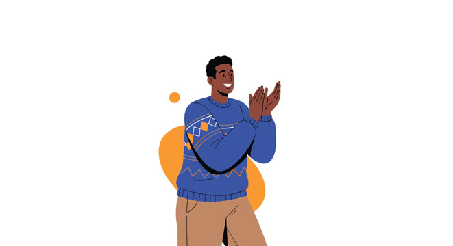 Happy man in a blue patterned sweater claps his hands in applause and celebration against a simple white and orange background.