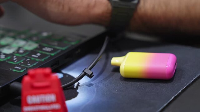 Close-up of a pink and yellow disposable vape on a desk next to a laptop. A person works in the background near a blurred caution sign in a modern office setup.