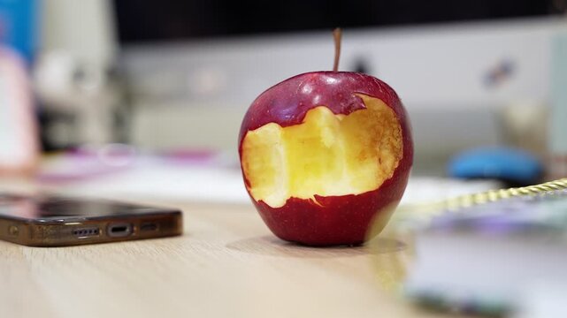 A close-up of a fresh red apple with a large bite taken out of it, sitting on a wooden desk with a smartphone and office supplies blurred in the background.