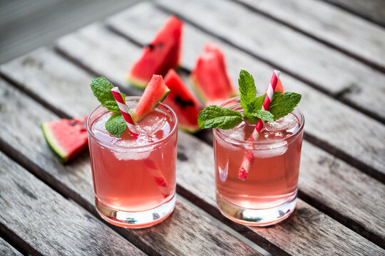 Watermelon-Hugo, Mojito in glasses with drinking straw