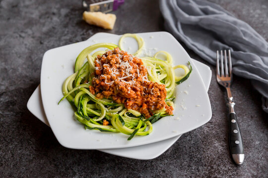 Zoodles with vegetarian bolognese sauce and parmesan