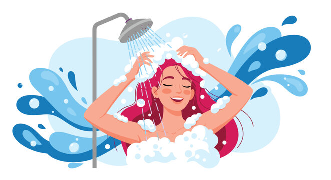 Beautiful woman with long red hair washes her head in the shower with plenty of soap bubbles and water splashes around her.