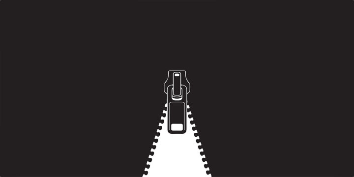 Partially opened white zipper on black background minimalist graphic