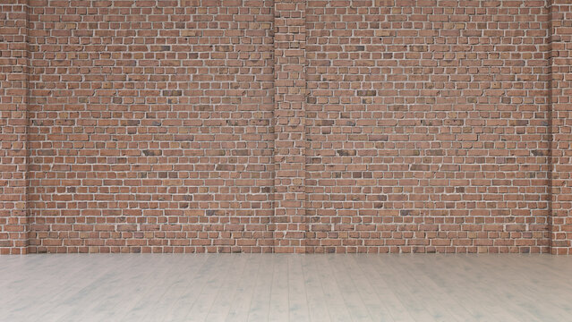 Empty room with brick wall and wooden floor, 3d rendering