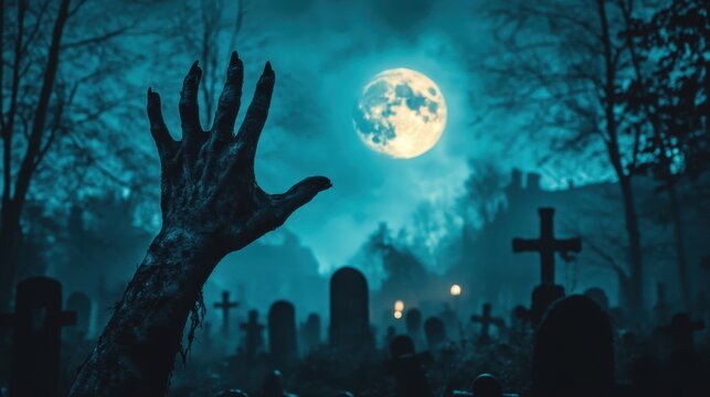 Bony pale hands of sexy woman vampire with sharp bloody red nails rising out from the ground,Halloween grave crosses,zombies at night,creepy hand coming out of the ground,halloween concept.