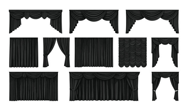 Black curtain vector stage background set. Velvet swags, theater drapes, luxury valances, lambrequins, opera drapes, pelmets, cinema backdrop panels and elegant interior window fabric graphics.