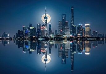 Naklejka premium Shanghai city skyline with modern skyscrapers and night lights reflecting on the calm water surface at night