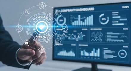 Fototapeta premium Compliance approved holographic seal with business dashboard and data analytics on computer monitor background
