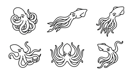Minimalist octopus and squid line art icons, set of 6 marine cephalopod vector illustrations, black and white sea creature sketches for seafood branding © Sidra