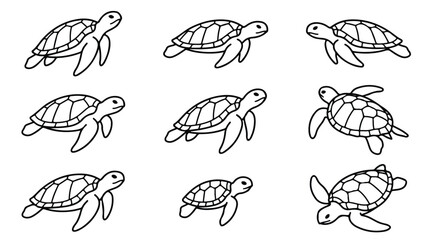 Minimalist sea turtle line art collection, set of 9 hand drawn turtle icons in various swimming poses, black and white marine life vector illustrations © Sidra