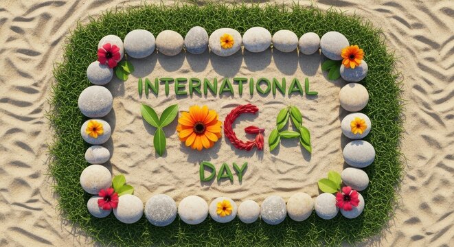 International Yoga Day celebration with natural elements on sandy beach background