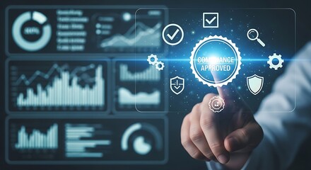 Fototapeta premium Business Compliance Approved Seal on Virtual Reality Data Analytics Dashboard for Corporate Governance
