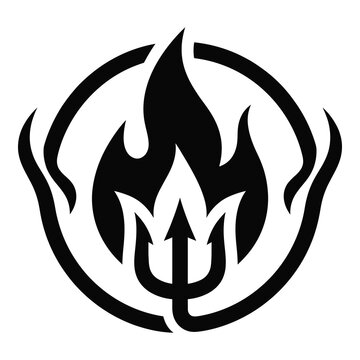 Black devil flame icon symbol with circle and trident  devilish fire logo icon