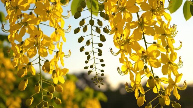 Yellow Golden Shower tree flowers blooming in the garden during sunset golden hour
