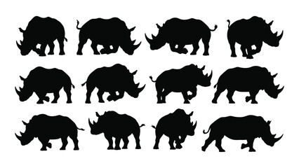 A Collection Of Black Rhinoceros Silhouettes In Various Poses Against A White Background Silhouette rhino african wildlife animal mammal herbivore © SIMPLYXRIAD
