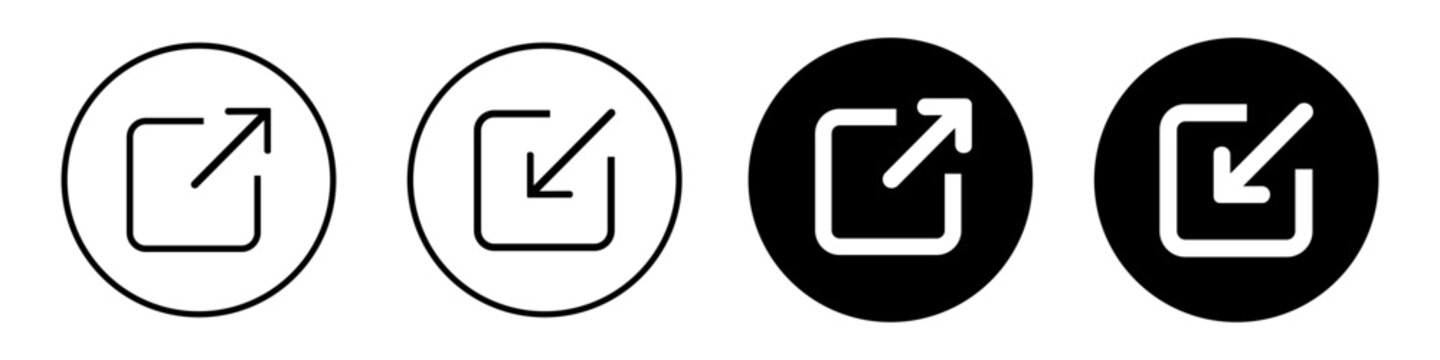 Expand and collapse icons with arrow out and in symbols for export, import, external link and resize controls. Navigation action icon set for web interfaces, apps and browser tools