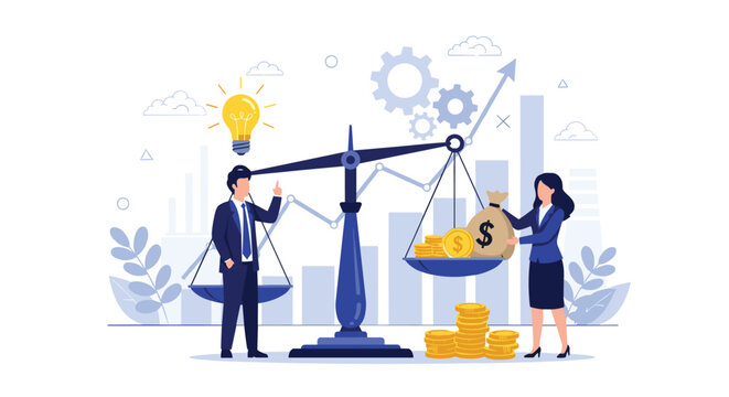 Business team balancing a bright idea lightbulb against a heavy bag of money on a large set of scales to represent value and profit.