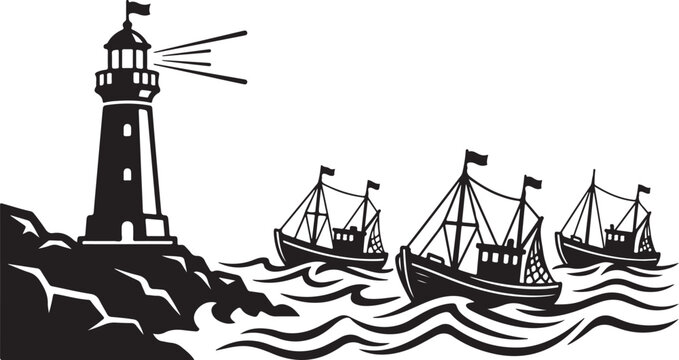 Vintage nautical vector, lighthouse, fishing boats, black and white illustration, maritime icons