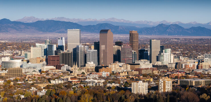 Aerial view of Denver city skyline and Rocky Mountain scenery in the United States