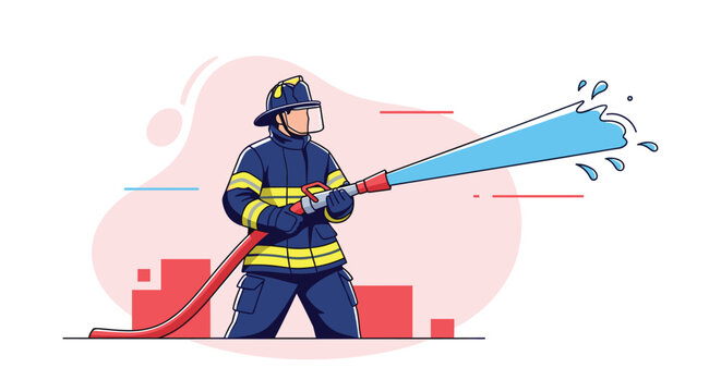 Brave firefighter in full protective gear holds a high pressure hose while spraying water to extinguish a dangerous fire emergency.