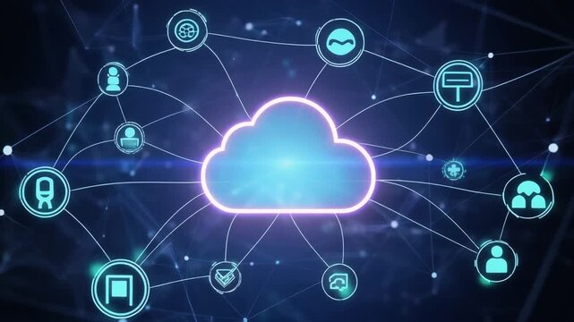 A glowing cloud icon surrounded by interconnected digital service symbols, representing cloud computing, data connectivity, and integration across a modern technological ecosystem.