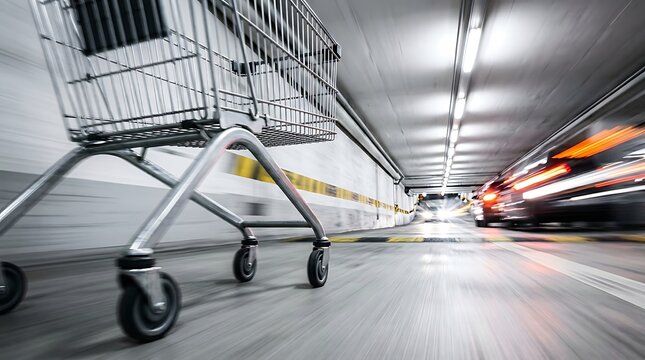 Shopping Cart in Motion with Blurred Cars in an Underground Parking Garage
