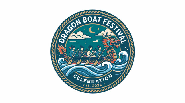 A vintage-style circular logo for a Dragon Boat Festival Celebration, featuring a dragon boat with rowers on wavy water under a night sky.