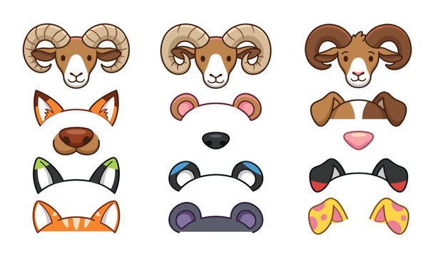 Animal ears and nose vector mask set. Ram, fox, bear, dog, cat, panda filters, photo booth props, cute cartoon heads and selfie avatar design elements.