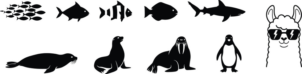 Animal and Marine Life Silhouette Collection with Fish Seal Walrus Penguin and Llama Characters © SHOJEB
