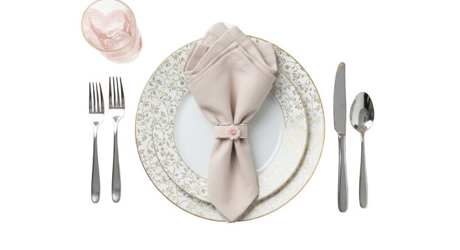 Elegant table setting with beige napkin on floral plate isolated on transparent background