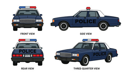 Police car vector illustration set. Front, side, rear, three-quarter views, blue vintage sedan, emergency lights, patrol vehicle blueprint and transportation graphics. © Creative Studio 