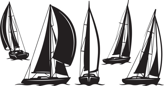 Sailing yacht icons, black sailboats, vector graphics, nautical symbols, boat illustrations